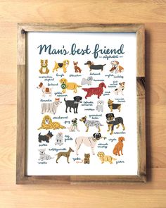 a framed poster with many different dogs on it's sides and the words man's best friend