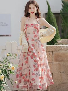 Size: L Spring Chiffon Beach Dress, Chic Summer Chiffon Dress For Garden Party, Casual Chiffon Dress For Spring, Elegant Pink Chiffon Dress For Spring, Spring Chiffon Brunch Dress, Elegant Floral Print Chiffon Dress For Spring, Elegant Spring Floral Print Chiffon Dress, Spring Chiffon Dress For Garden Party, Chic Floral Print Chiffon Dress For Spring