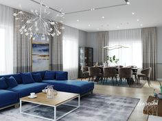 a living room filled with furniture and a blue couch