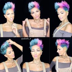 Turquoise Pixie Hair, Bright Pixie Hair, Short Hair Vivid Color Ideas, Half And Half Short Hair, Short Vivid Hair, Pixie Hair Color Ideas Funky Hairstyles, Rainbow Pixie Hair, Rainbow Hair Color Short