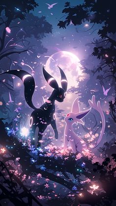 two pokemons are standing in the woods at night