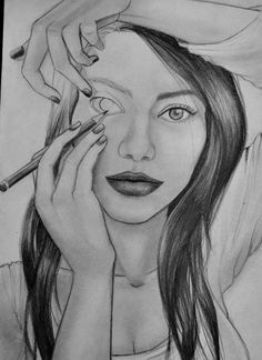 a pencil drawing of a woman getting her makeup done