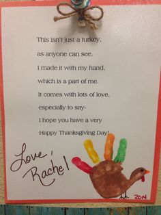 a handprinted card with a turkey on it