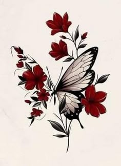 a drawing of a butterfly and flowers on a white background with red petals in the foreground