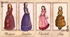 four different colored dresses are shown in this drawing