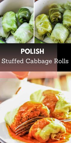 stuffed cabbage rolls with tomato sauce in a white casserole dish on a plate