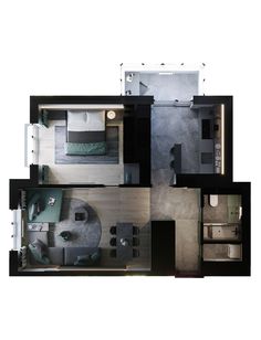 an overhead view of a bedroom and living room in a small apartment with floor plans