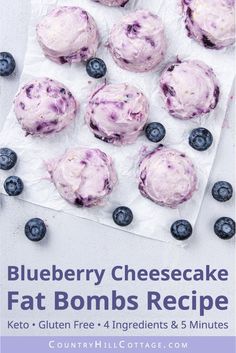 How to make the best keto blueberry cheesecake bites! This easy blueberry fat bombs recipe is suitable for the ketogenic diet. Made with cream cheese, butter or coconut oil, and low carb sweetener. Simple no crust cheesecake balls area delicious keto dessert and healthy snack. Includes instructions for chocolate, strawberry, jello, lemon, vanilla, cinnamon, peanut butter, raspberry, coconut and pumpkin cream cheese fat bombs. #cheesecake #fatbombs #lowcarb #chocolate | countryhillcottage.com Cheesecake Fat Balls Keto, Keto Cheesecake Bites, Fat Bomb Recipes, Cheesecake Balls, Cream Cheese Ball, Cheesecake Bites Recipe, Keto Blueberry, Keto Cream, Raspberry Coconut