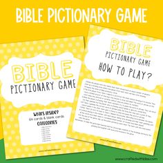 the printable bible dictionary game is shown in three different colors and font, with yellow polka