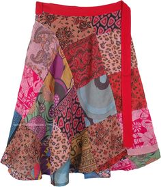 A cool summer skirt with a wrap that fits with a forever-bohemian style wrap around waist and a slight feminine flair, this is a multicolored skirt with red, orange and blue being the prominent shades.  The skirt is made up of assorted floral printed square cut patches, giving it a free-spirited gypsy look. #tlb #WrapAroundSkirt #Patchwork #JuniorPetite #Misses #Floral #Printed #Handmade Wrap Shorts, Cotton Midi Skirt, Embellished Flats, Sleeveless Tops Summer, Hippie Look, Scarf Shirt, Patchwork Skirt, Trendy Skirts, Wrap Around Skirt