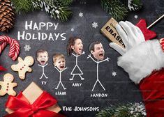 a christmas card with the faces of people and candy canes in front of them