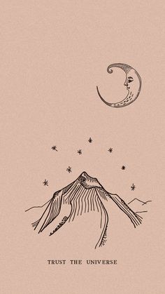 a drawing of a mountain with the moon and stars above it