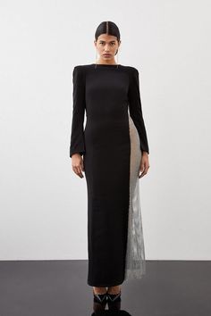 Viscose Woven Panelled Crystal Mesh Maxi Dress | Karen Millen Structured Bridesmaid Dress, Wedding Dresscode, Outfit Edit, Bold Heels, Latest Maxi Dresses, Plus Size Workwear, Ibiza Outfits, Maxi Dress Collection, Sleek Dress