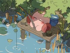 a cartoon character is sleeping on a bench in the middle of a swampy area