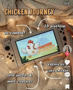 a person holding a nintendo wii game controller in their hands with the words chicken journey on it