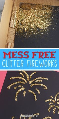 a cardboard box with glitter fireworks on it and the words mess free written in gold