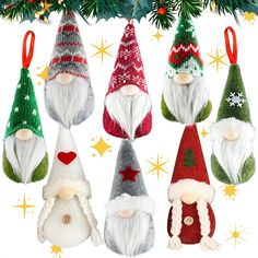 six christmas gnome ornaments hanging from a tree