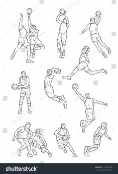 basketball players in different poses and positions, black and white outline on a white background