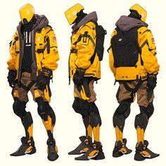 three different views of a man in yellow and black gear, all with hoods on