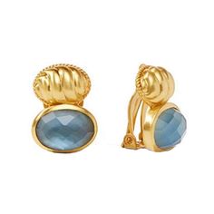 Olympia clip dangle earrings in gold with twist design and oval faceted stone drop 24k Gold Vermiel Approx 1" inch long Clip closure Signature Packaging Julie Vos, Pacific Blue, Azure Blue, Earrings In Gold, Clip Earrings, Olympia, Clip On Earrings, Dark Blue, Gemstone Rings