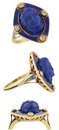 A Victorian carved lapis ring with diamonds and blue enamel, circa 1800. From A Brandt and Son.  Three views. Kingfisher Jewelry, Ruby Rings, Emerald Rings, Lapis Lazuli Bracelet, Lapis Lazuli Jewelry, Lapis Ring, Vintage Fine Jewelry, Cameo Jewelry, Sapphire Pendant