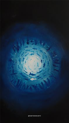 an abstract painting with blue and white colors in the center, on a black background