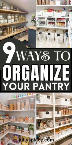 an organized pantry with shelves and bins filled with food