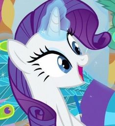 a cartoon pony with purple hair and blue eyes standing in front of a colorful background