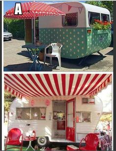 an old camper converted into a mobile home with red chairs and tables underneath it