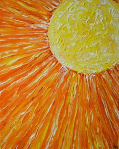 an orange and yellow painting with the sun in the middle