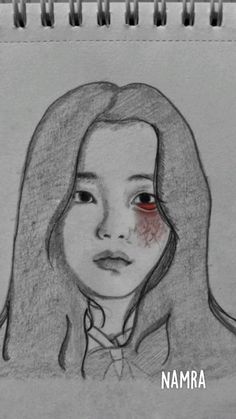 a pencil drawing of a girl with red eye and blood on her cheek, looking at the camera