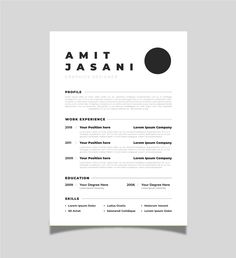 a clean and modern resume template with black dots on the front, in white paper