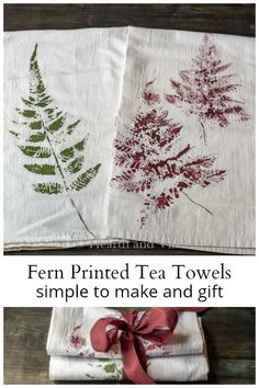 two tea towels with red flowers on them and the words fern printed tea towels simple to make and gift