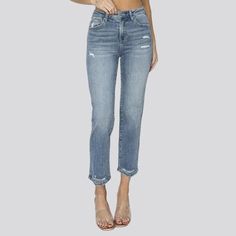 Elevate your street trend game with these slender light-wash jeans from the 2024 Summer Collection. Crafted to perfection, these vintage-inspired jeans boast a frayed and cutoff-bottom design that exudes effortless cool. The high-waist fit and stretchy fabric hug your curves for a flattering silhouette, while the zipper and button closure add a touch of sophistication.Distinctive Features: Street Style: These jeans are the perfect embodiment of street style, with a touch of vintage charm and contemporary flair. Slim Fit: Textured to flatter your figure, these jeans feature a slender fit that accentuates your curves perfectly. Vintage Vibes: The light-wash and frayed details give these jeans a retro-inspired look, adding character to your outfit. Light-Wash Perfection: The light-wash finish High Waist Distressed Light Wash Cropped Jeans, Fitted Light Wash Distressed Cropped Jeans, High Waist Distressed Cropped Jeans In Light Wash, High Waist Light Wash Distressed Cropped Jeans, High Rise Denim Jeans With Frayed Hem, Trendy Distressed Washed Blue Cropped Jeans, Trendy Washed Blue Distressed Cropped Jeans, High Waist Washed Blue Jeans With Frayed Hem, Washed Blue Straight Leg Jeans With Frayed Hem