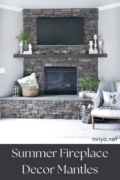 a living room with a stone fireplace and tv above the mantel is featured in this article