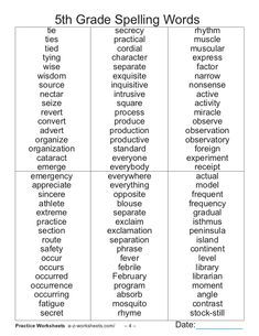 the 5th grade spelling words are shown in this table, which includes several different types of words