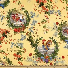 a yellow fabric with roosters and flowers on it