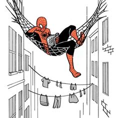 spider - man hanging out in the air with his clothes on a line above him