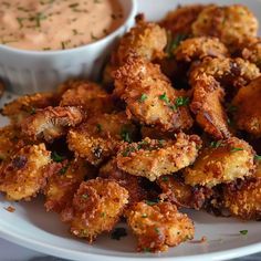 fried food on a plate with dipping sauce