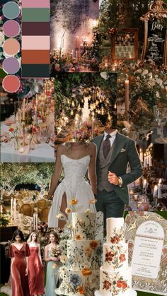 a collage of wedding and party items including cake, flowers, candles, and decorations