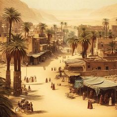 an old painting of a desert town with palm trees and camels in the foreground