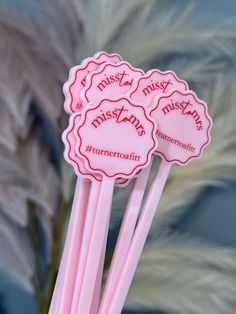 three pink toothpicks with the words miss and miss written on them in front of some feathers