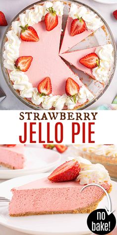 a strawberry jello pie on a white plate with strawberries in the background and text overlay