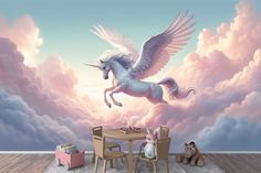 a unicorn flying through the air over a table and chairs in a room with clouds