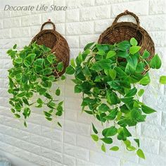 two wicker baskets holding green plants against a white brick wall