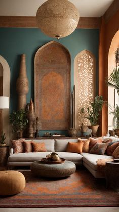 a living room filled with lots of furniture and plants on top of the walls in front of an arched window