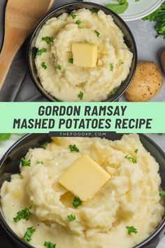 two bowls filled with mashed potatoes and butter