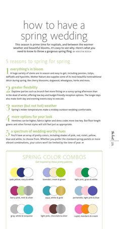 the instructions for how to have a spring wedding in five easy steps, including color combinations