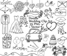 doodle wedding clipart set for the bride and groom, includes hand drawn elements