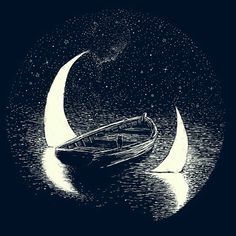 a boat floating on top of a body of water under a moon filled sky with stars